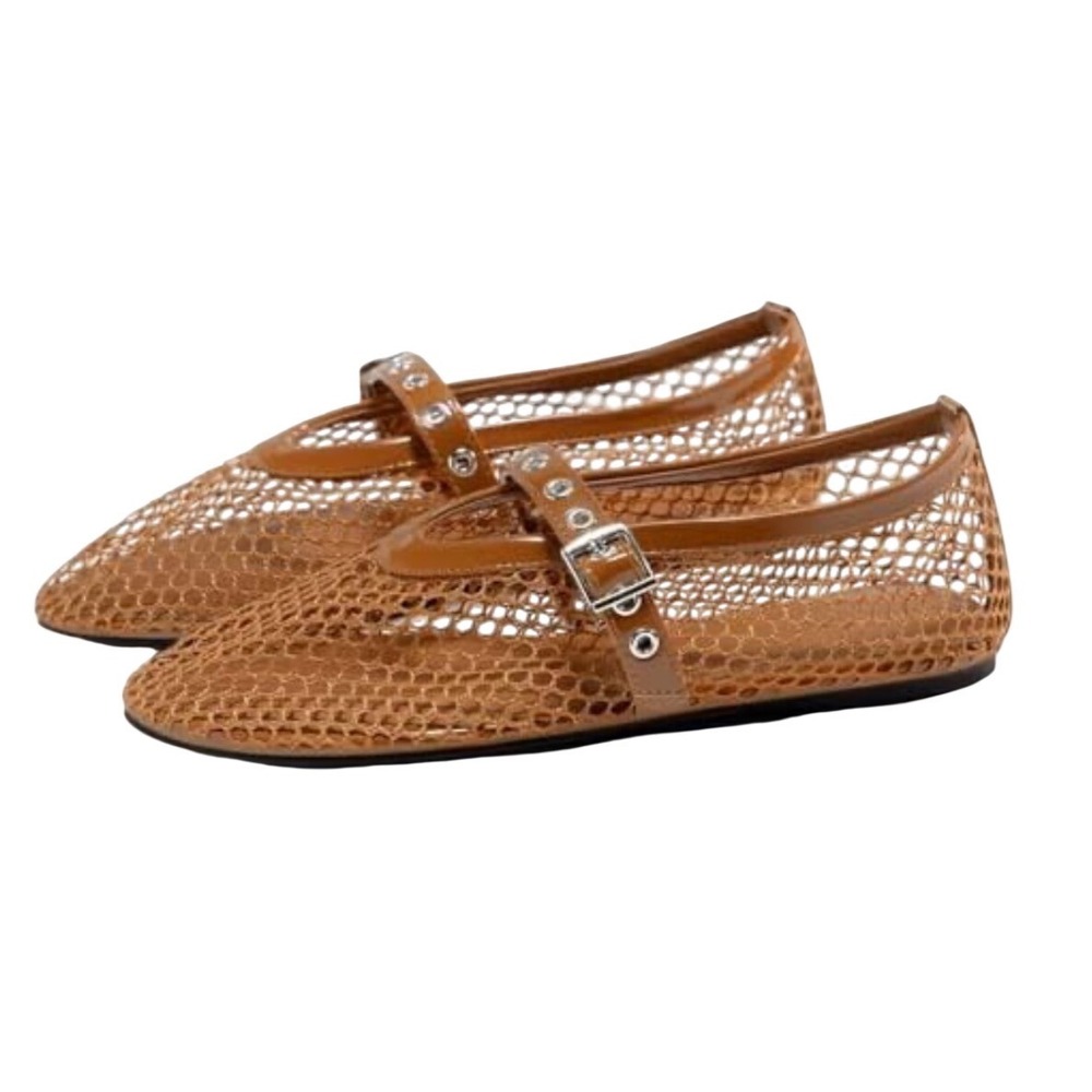 Coutgo Vintage Y2K Mesh Ballet Mary Jane Brown Fishnet Flats Women's Size 9.5